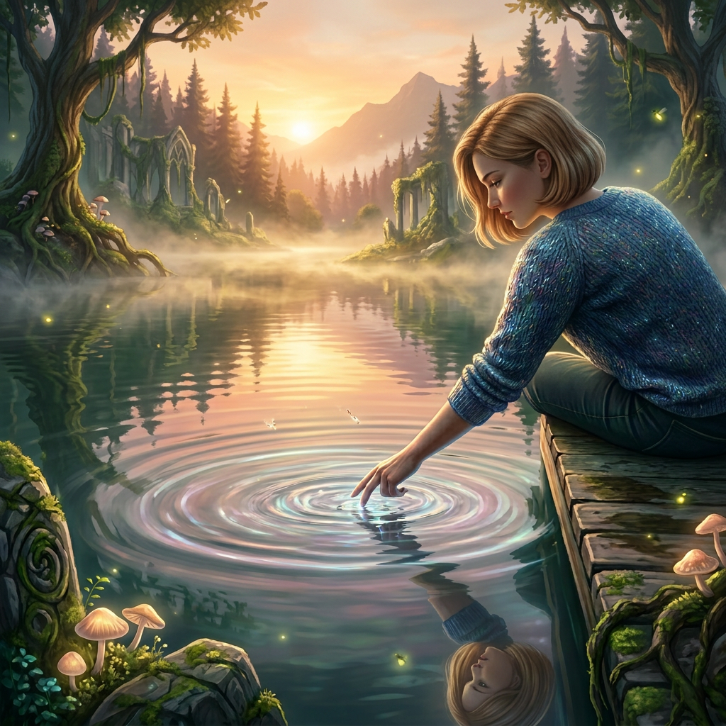 Woman in blue sweater touching water with glowing fairies above lake at sunset