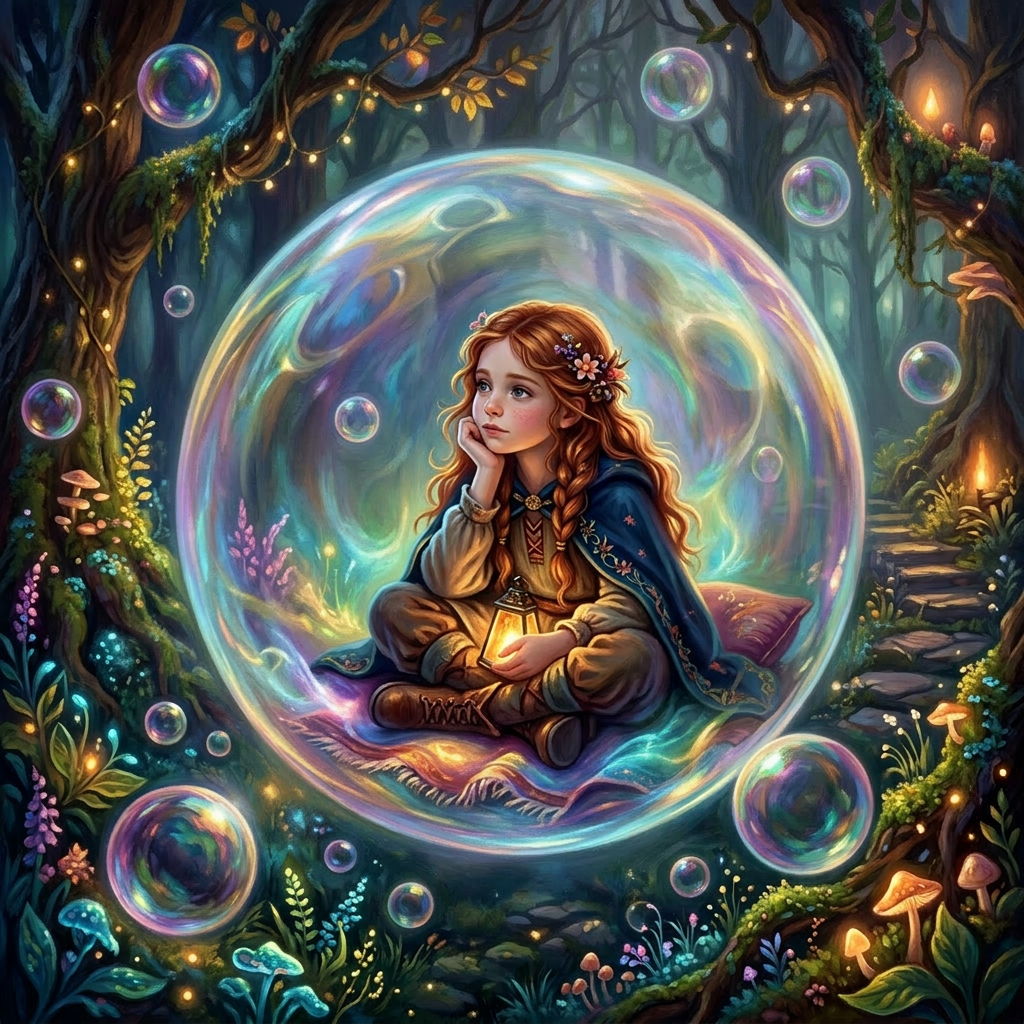 Young girl with red hair holding a lantern, sitting cross-legged inside a glowing transparent bubble in a colorful forest