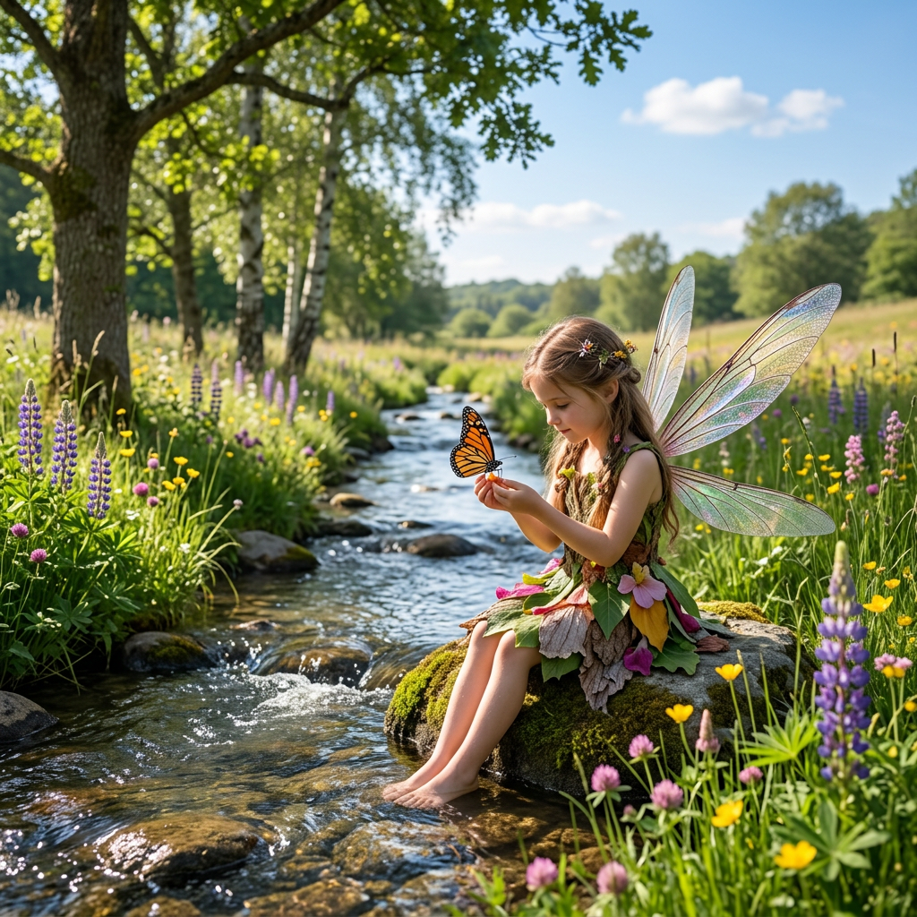 Fairy holding butterfly sitting by summer stream meadow