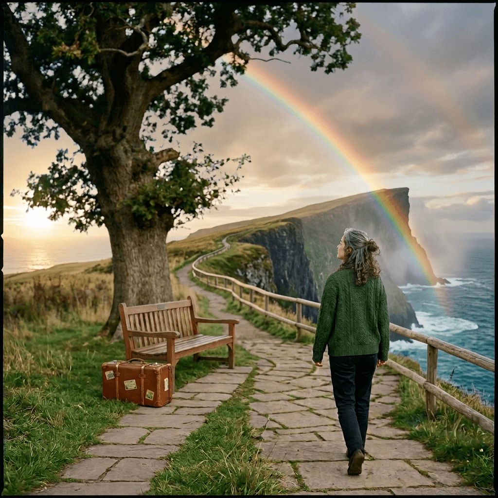Woman with slightly gray hair under rainbow by ocean cliff