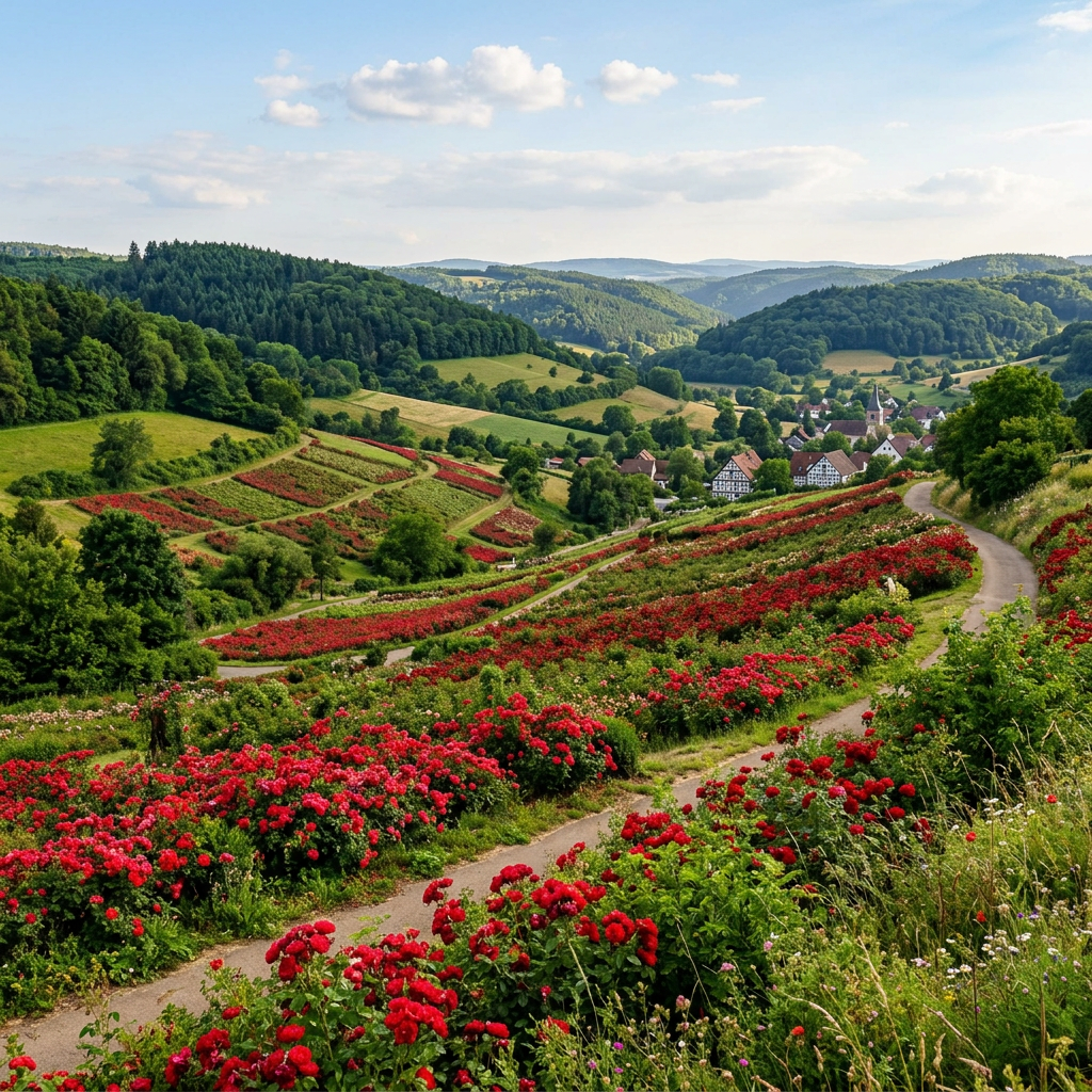 Rolling hills covered with red rose gardens and a village in the distance